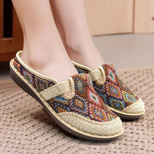 Elegant Women's Colorful Geometric Print Shoes, Soft Sole Lightweight Slip On Casual Shoes, Half Drag Daily Comfy Mules