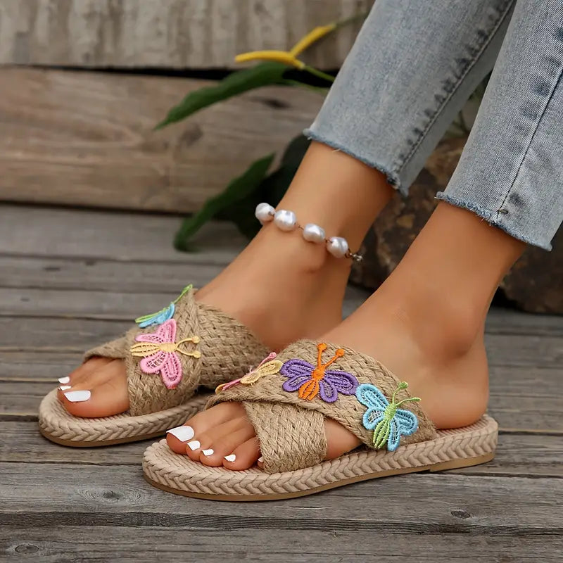 Elegant Women's Butterfly Décor Slides, Casual Open Toe Flat Summer Shoes, Lightweight Slip