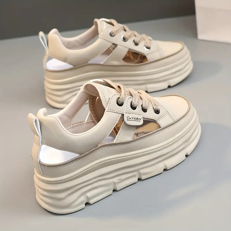 Elegant Women's Breathable Cut-Out Sneakers - Casual Lace-Up Platform Shoes with Hidden Height Increase, Versatile White