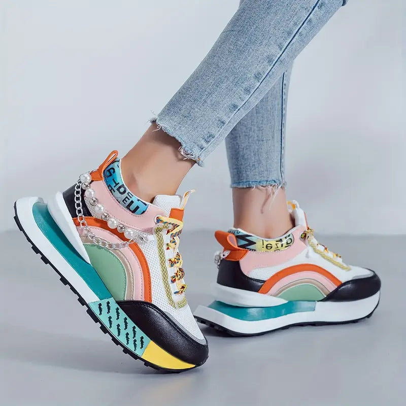 Elegant Women's Fashion Mid-Top Sneakers with Sparkling Bead Chain - Breathable Mesh, Lace-Up Casual Shoes for All Seasons