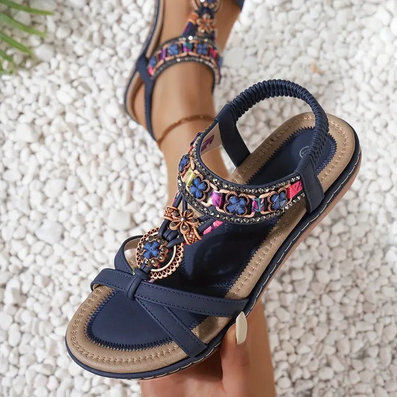 Elegant Women's Round Toe Beaded Flower Rhinestone Sandals - Bohemian Style Pull-on Summer Beach Shoes, PU Upper/Inner and Durable TPR Sole