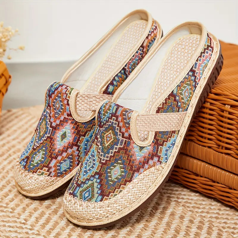 Elegant Women's Colorful Geometric Print Shoes, Soft Sole Lightweight Slip On Casual Shoes, Half Drag Daily Comfy Mules