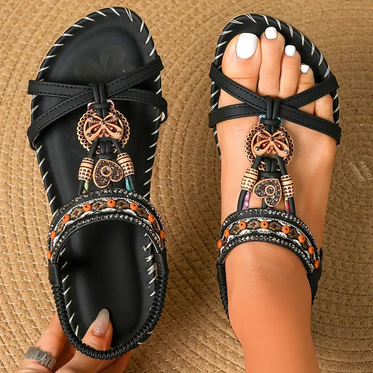 Elegant Women's Handcrafted Summer 2025 Flat Heel Bohemian Chic Women's Fashion Sandals - Elastic Ankle Strap, Faux Cover Beach Shoes