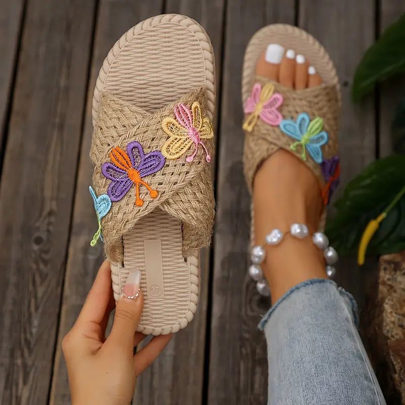 Elegant Women's Butterfly Décor Slides, Casual Open Toe Flat Summer Shoes, Lightweight Slip