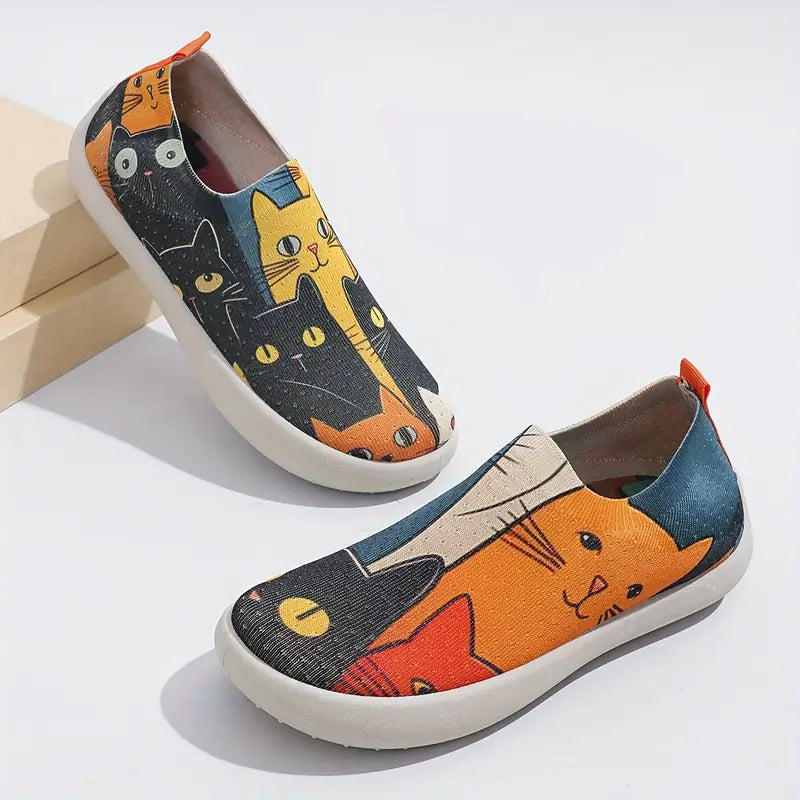 Elegant Women's Colorful Lightweight Women's Casual Slip-On Sneakers - Vintage Style, Cat World Print