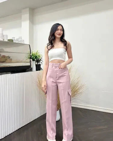 (PACK - 3) SALE LIVE !! Women's Stylish Graceful Flat Front Casual Straight-leg Trousers pants with Pockets