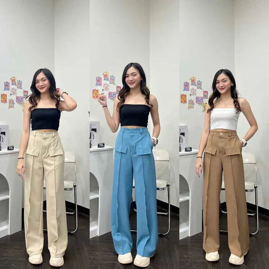 (PACK - 3) SALE LIVE !! Women's Stylish Graceful Flat Front Casual Straight-leg Trousers pants with Pockets