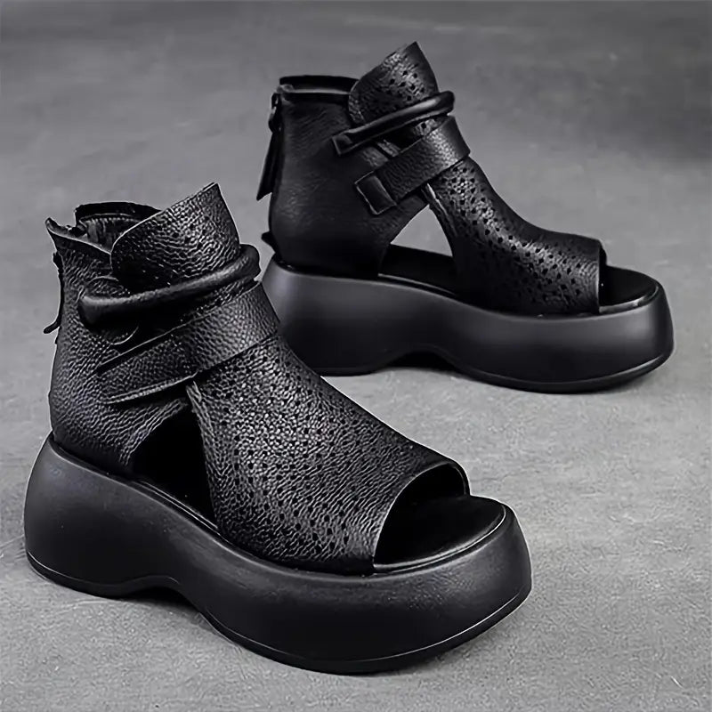 Elegant Women's Retro Hollow Platform Sandals, Breathable Open Toe Cut-out Soft Sole Wedge Shoes, Comfy Outdoor Back Zipper Sandals