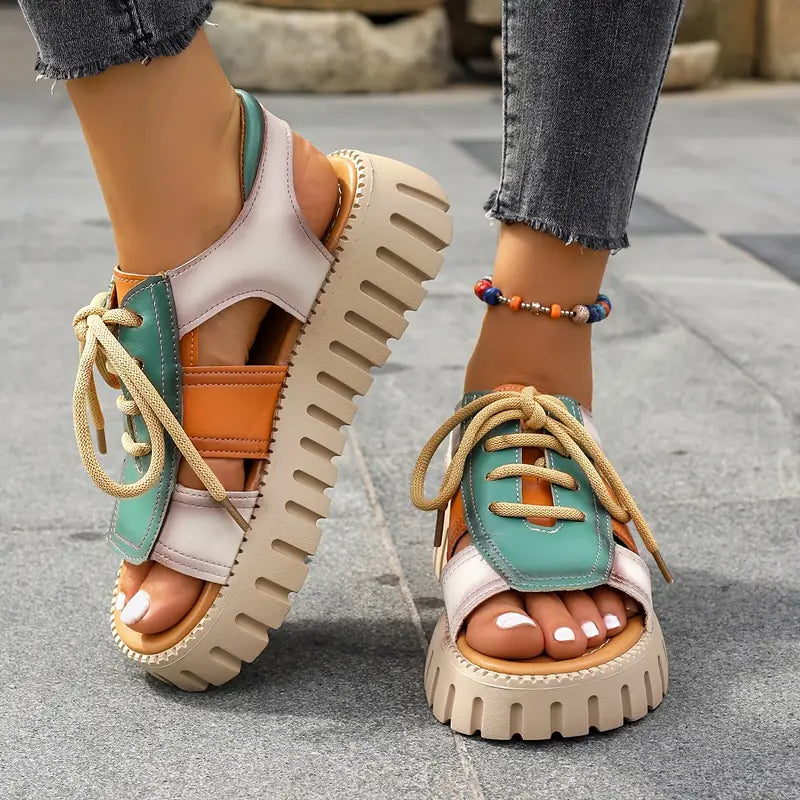 Elegant Women's Cutout Design Platform Sandals, Casual Lace Up Comfortable Shoes