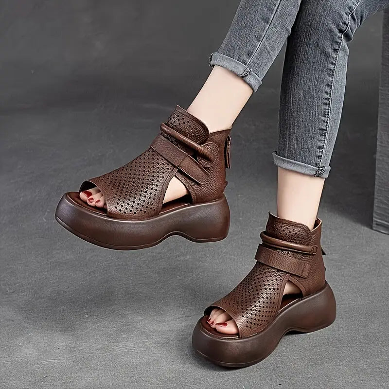 Elegant Women's Retro Hollow Platform Sandals, Breathable Open Toe Cut-out Soft Sole Wedge Shoes, Comfy Outdoor Back Zipper Sandals