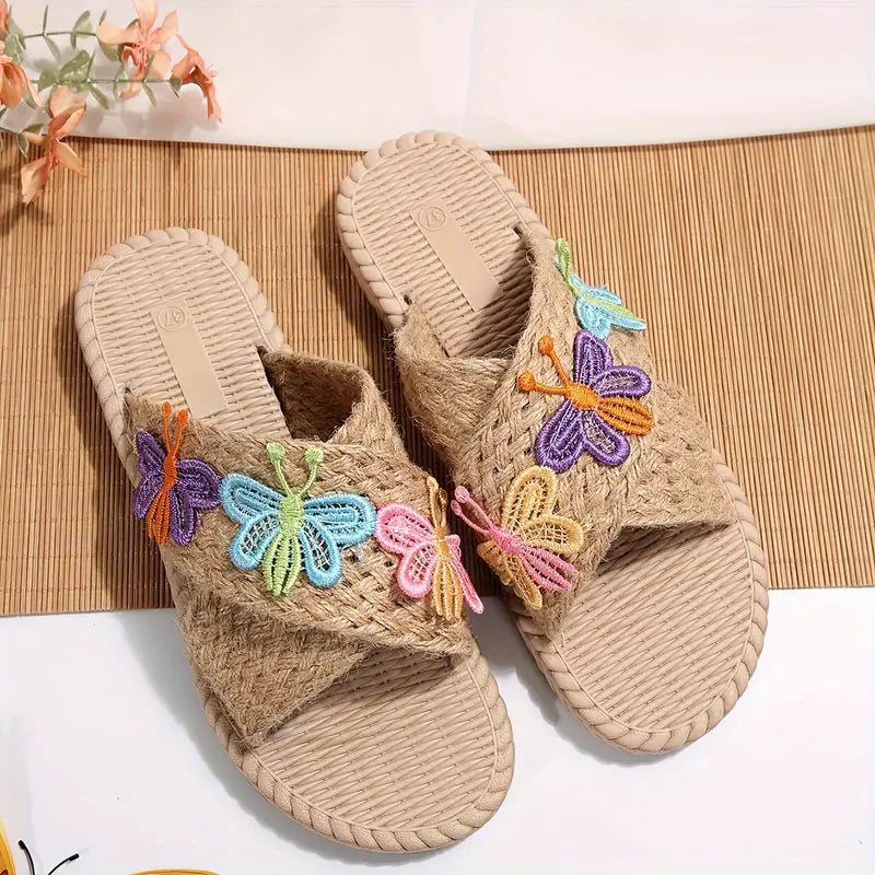 Elegant Women's Butterfly Décor Slides, Casual Open Toe Flat Summer Shoes, Lightweight Slip