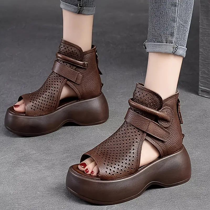 Elegant Women's Retro Hollow Platform Sandals, Breathable Open Toe Cut-out Soft Sole Wedge Shoes, Comfy Outdoor Back Zipper Sandals