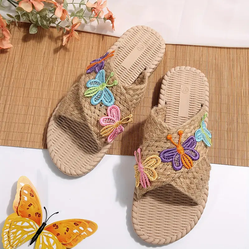 Elegant Women's Butterfly Décor Slides, Casual Open Toe Flat Summer Shoes, Lightweight Slip