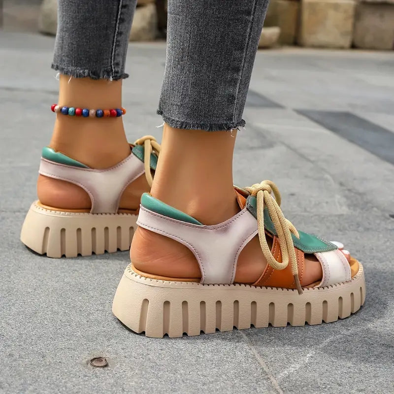 Elegant Women's Cutout Design Platform Sandals, Casual Lace Up Comfortable Shoes