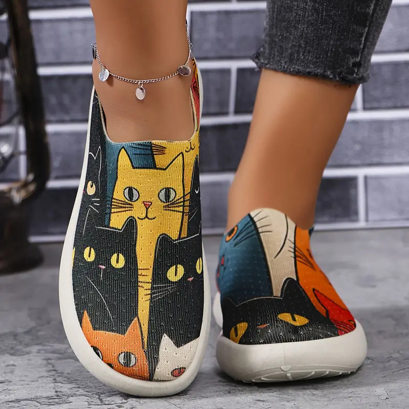 Elegant Women's Colorful Lightweight Women's Casual Slip-On Sneakers - Vintage Style, Cat World Print