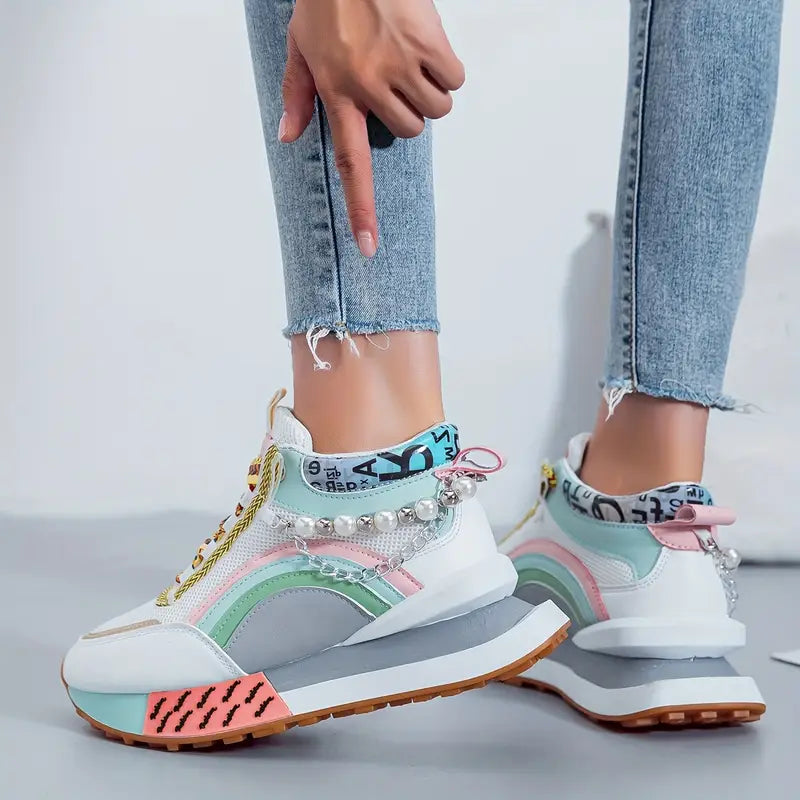 Elegant Women's Fashion Mid-Top Sneakers with Sparkling Bead Chain - Breathable Mesh, Lace-Up Casual Shoes for All Seasons