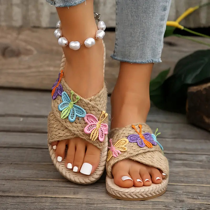 Elegant Women's Butterfly Décor Slides, Casual Open Toe Flat Summer Shoes, Lightweight Slip