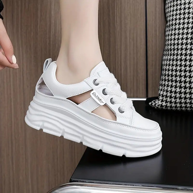 Elegant Women's Breathable Cut-Out Sneakers - Casual Lace-Up Platform Shoes with Hidden Height Increase, Versatile White