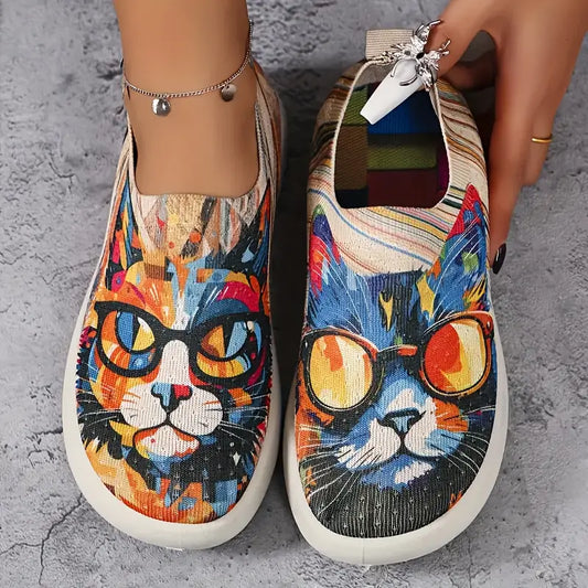 Elegant Women's Summer Breathable Cat Pattern Slip-On Sneakers - Lightweight, Comfortable, Motion-Control Fabric