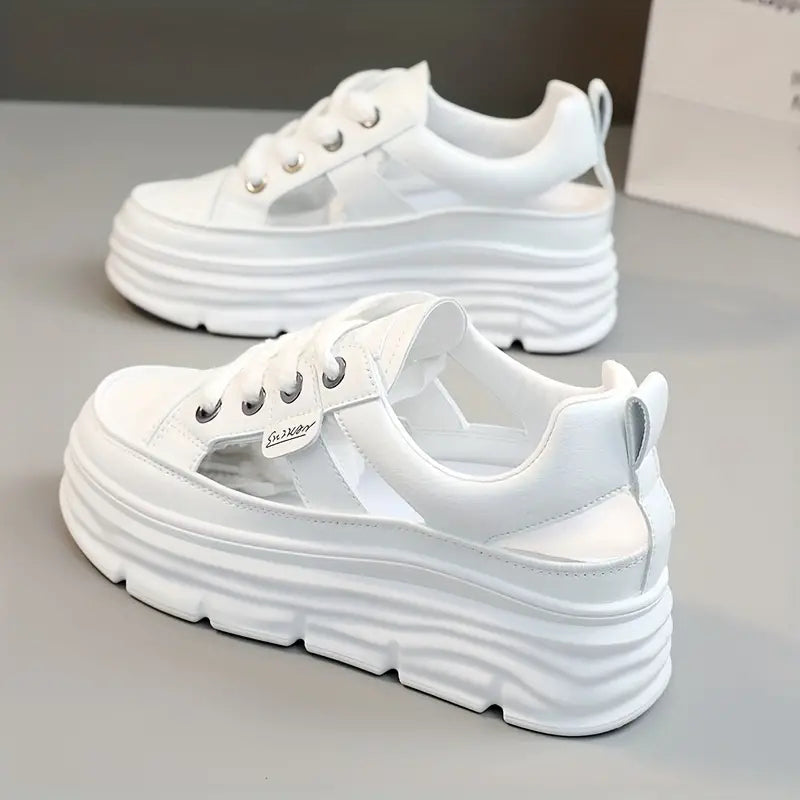 Elegant Women's Breathable Cut-Out Sneakers - Casual Lace-Up Platform Shoes with Hidden Height Increase, Versatile White