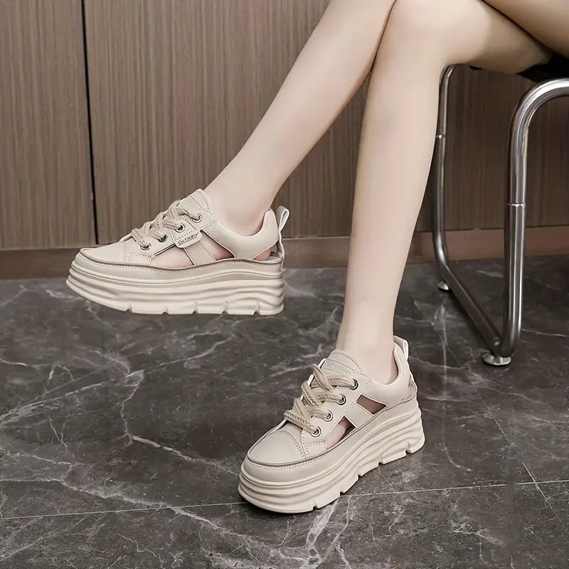 Elegant Women's Breathable Cut-Out Sneakers - Casual Lace-Up Platform Shoes with Hidden Height Increase, Versatile White