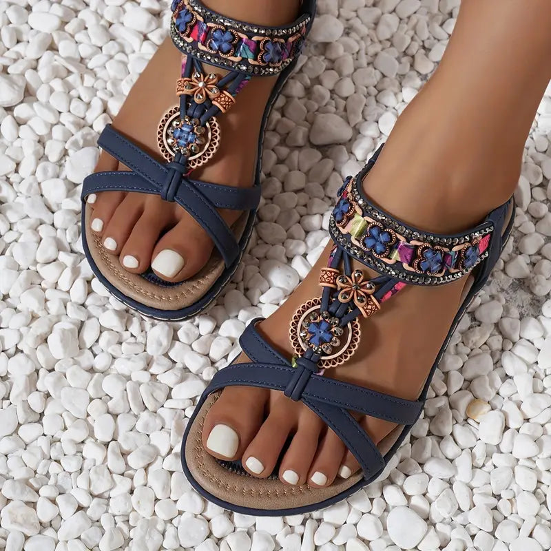 Elegant Women's Round Toe Beaded Flower Rhinestone Sandals - Bohemian Style Pull-on Summer Beach Shoes, PU Upper/Inner and Durable TPR Sole