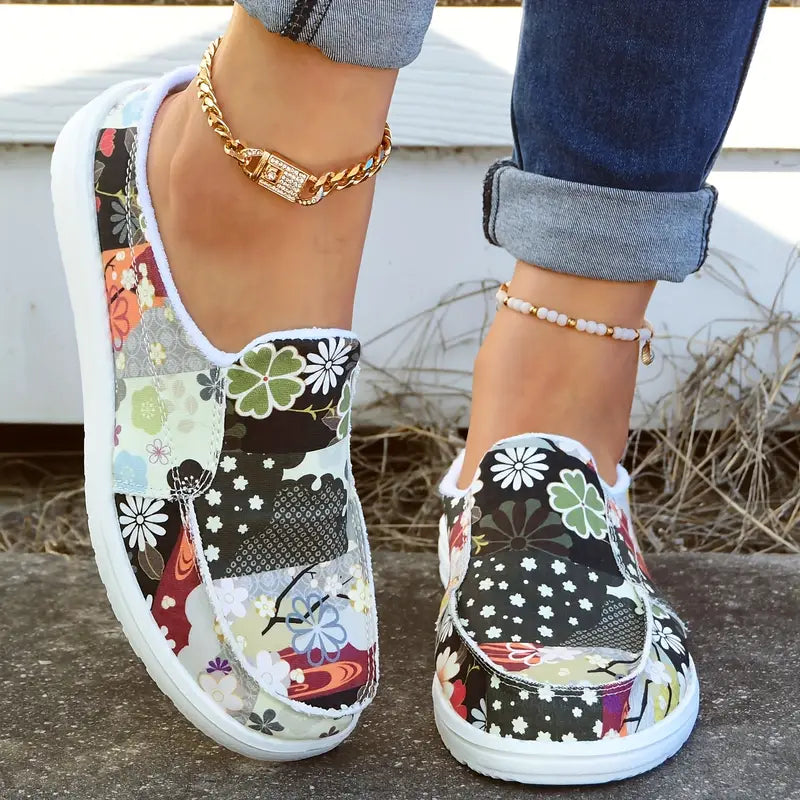 Elegant Women's ne-step Lazy Women'S Spring And Summer New Large Size Flat Slippers, Fashionable Printing Splicing Comfortable Soft Sole Lightweight Women'S Shoes.