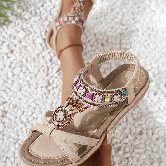 Elegant Women's Round Toe Beaded Flower Rhinestone Sandals - Bohemian Style Pull-on Summer Beach Shoes, PU Upper/Inner and Durable TPR Sole