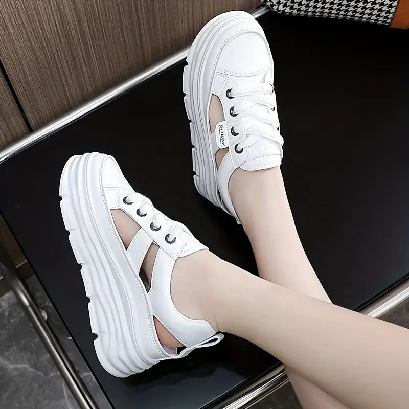 Elegant Women's Breathable Cut-Out Sneakers - Casual Lace-Up Platform Shoes with Hidden Height Increase, Versatile White