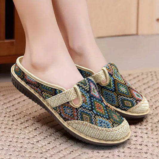 Elegant Women's Colorful Geometric Print Shoes, Soft Sole Lightweight Slip On Casual Shoes, Half Drag Daily Comfy Mules