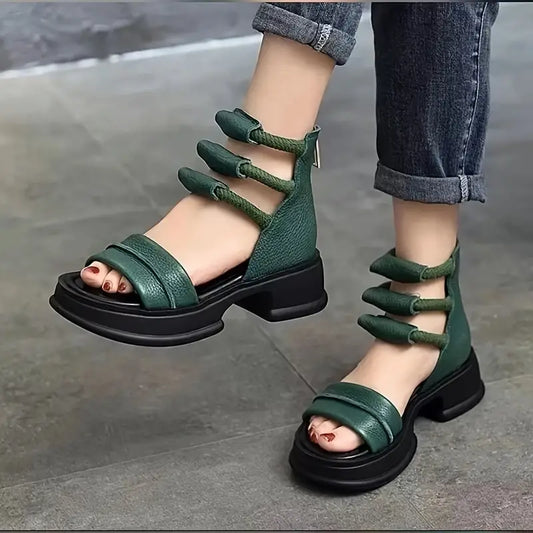 Elegant Women's Sandals - Fashionable Thick Sole, Open Toe with Elastic Ankle Strap, Versatile Casual Shoes in Solid Color